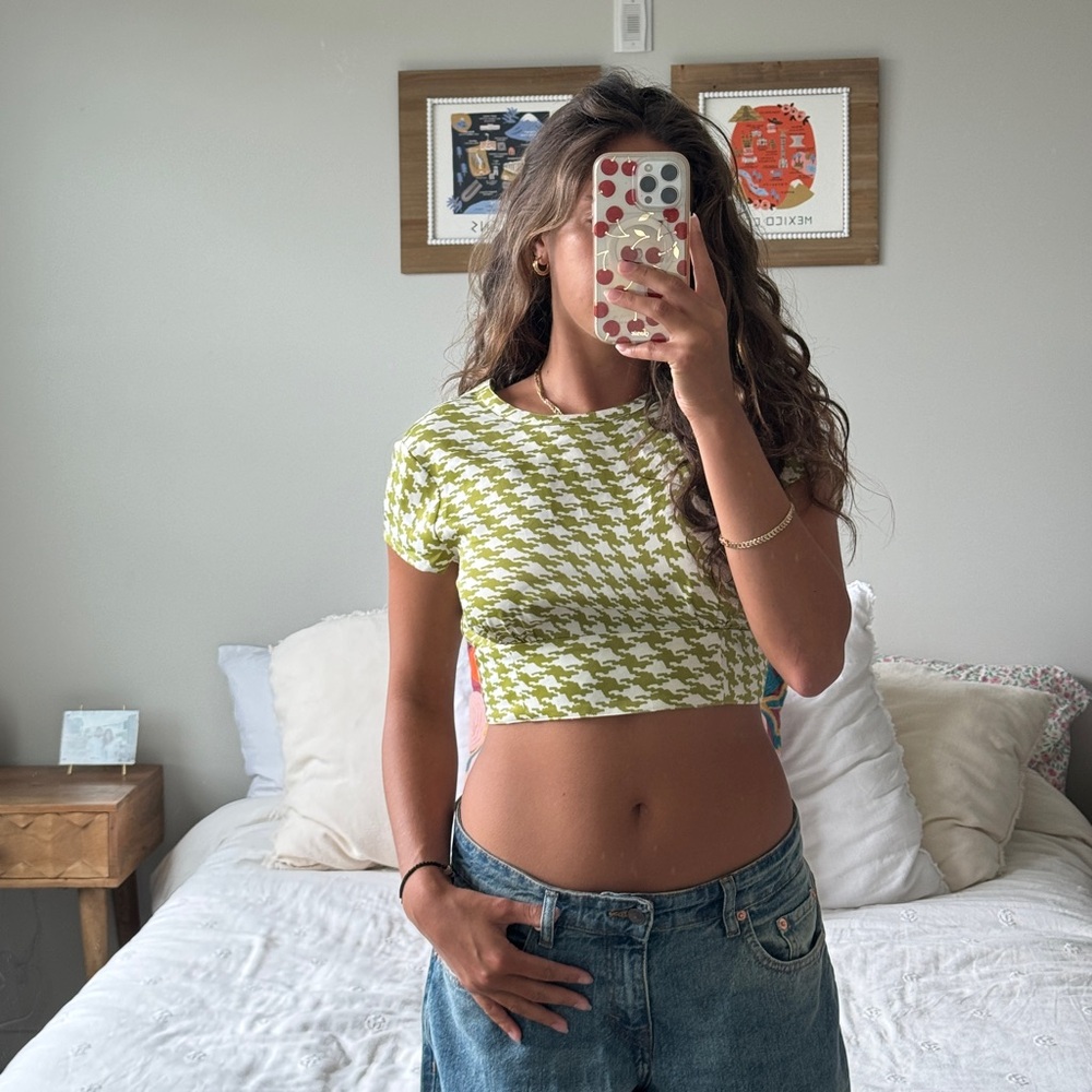 Urban Outfitters Green and White Printed Top with Open Back